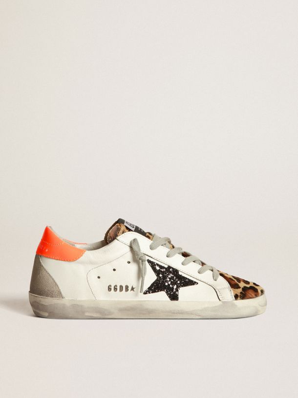 Golden Goose - Super-Star sneakers with leopard-print insert, glittery star and orange heel tab in 