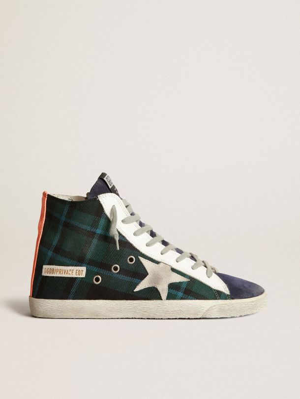 Golden Goose - Sneakers Francy LTD en laine vert et bleu foncé à imprimé tartan et étoile en daim blanc cassé in 