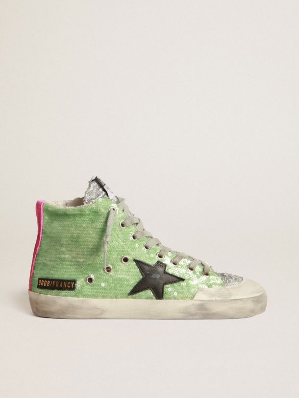 Francy Penstar sneakers in light green sequins with black leather star and fuchsia suede heel tab