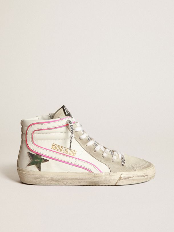 Golden Goose - Slide sneakers with ice-gray suede inserts and camouflage-print leather star in 