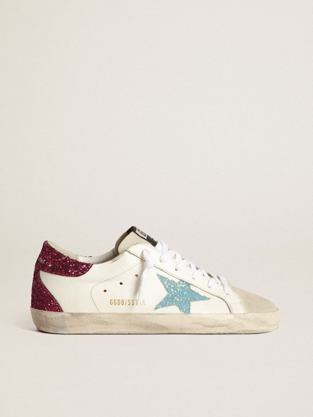 Golden Goose - Super-Star sneakers with light blue glitter star and purple glitter heel tab in 