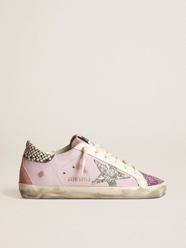 Golden Goose - Super-Star sneakers in pink leather with silver glitter star and snake-print leather heel tab in 