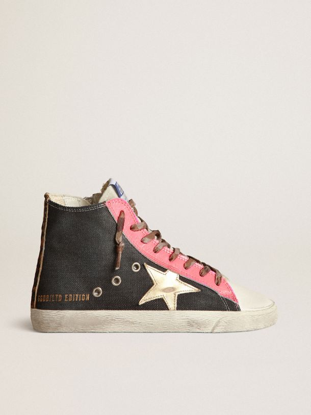 Golden Goose - Women’s Francy LTD sneakers in white leather and black denim with gold laminated leather star in 