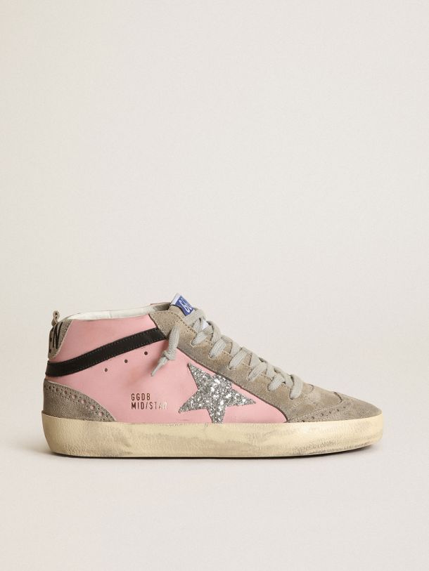 Mid Star LTD sneakers in pink leather with silver glitter star and black leather flash