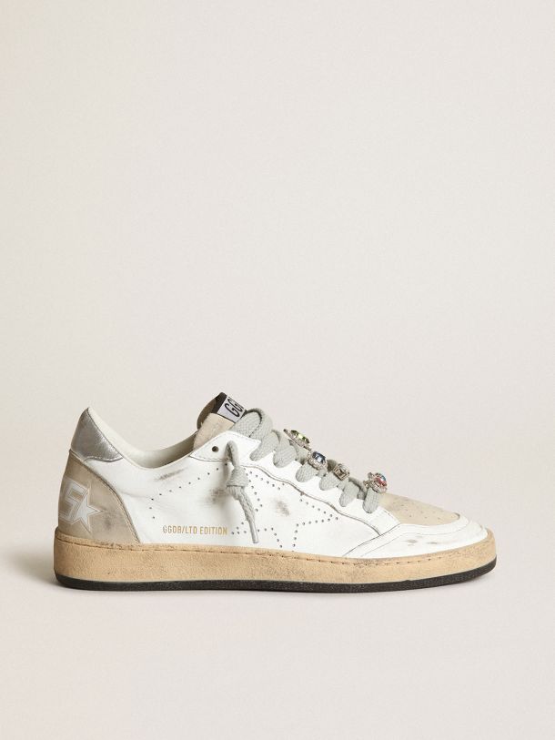 Golden Goose - Ball Star LAB sneakers in white leather with perforated star and lace accessories with multicolored crystals in 