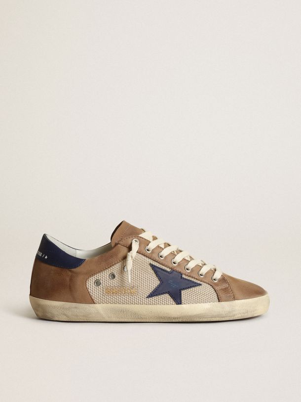 Golden Goose - Super-Star sneakers in brown nubuck and beige mesh with dark blue leather star and heel tab in 