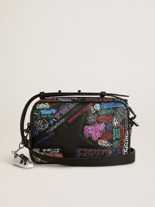 Golden Goose - Star Bag in black hammered leather with black leather star and all-over multicolored print in 