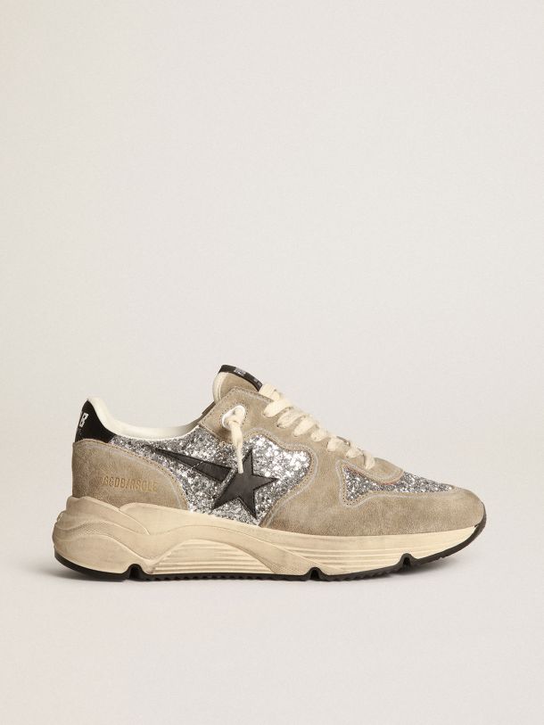 Golden Goose - Running Sole sneakers in silver glitter and dove-gray suede with black leather star in 