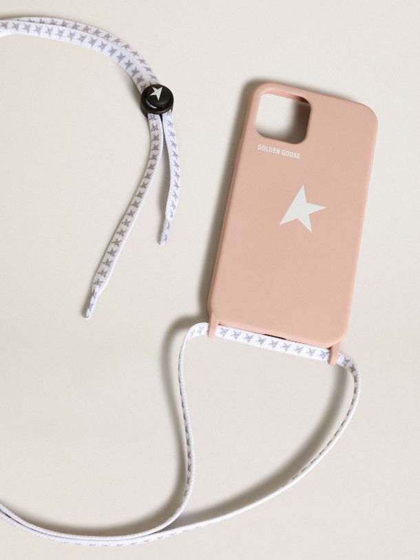 Golden Goose - Pale pink iPhone 12 and 12 Pro case with contrasting white logo and logo lanyards in 