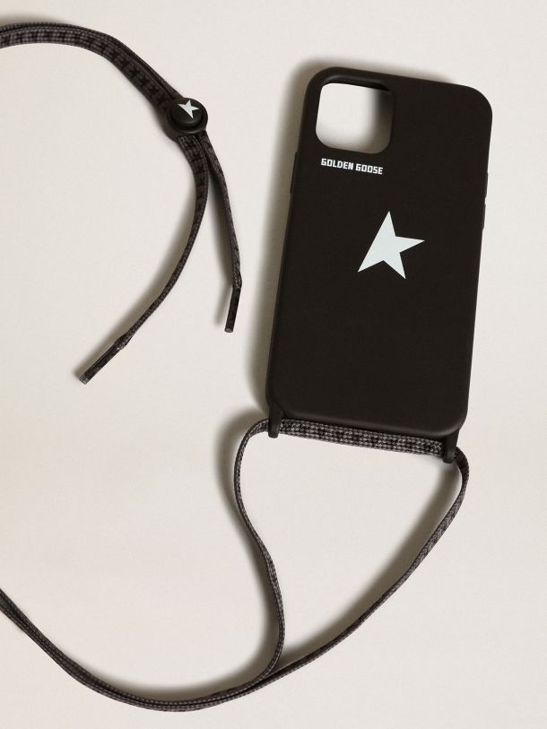 Black iPhone 12 and 12 Pro Max case with contrasting white logo and logo lanyards