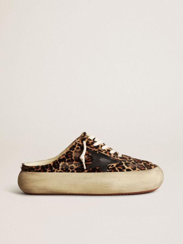 Golden Goose - Space-Star Sabots in leopard-print pony skin with black leather star in 