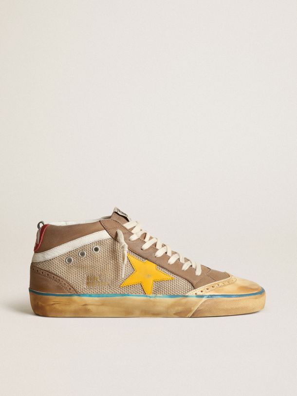 Sneaker Mid Star in rete beige e nabuk color tortora con stella in pelle gialla