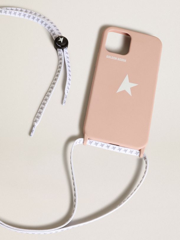 Pale pink iPhone 12 and 12 Pro Max case with contrasting white logo and logo lanyards