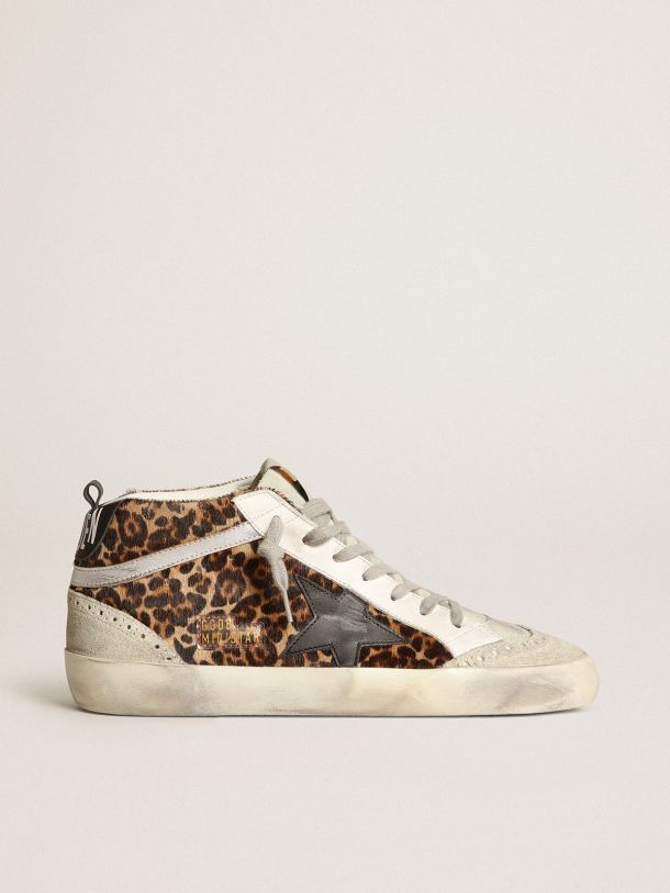 Mid Star sneakers in leopard-print pony skin with black leather star and silver laminated leather flash