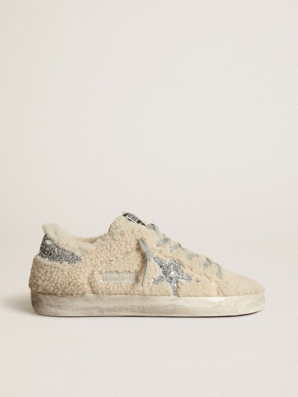 Golden Goose - Super-Star sneakers in beige shearling with silver glitter star and heel tab in 