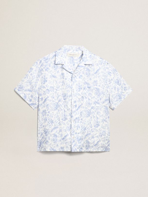 Camicia Collezione Resort in lino con stampa blu mediterraneo  