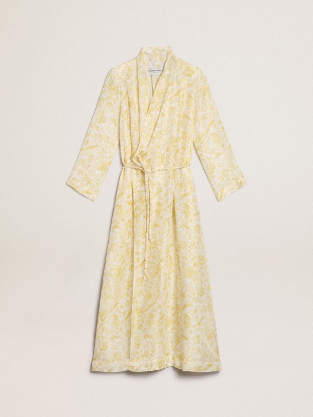Resort Collection linen blend kaftan dress with lemon yellow print