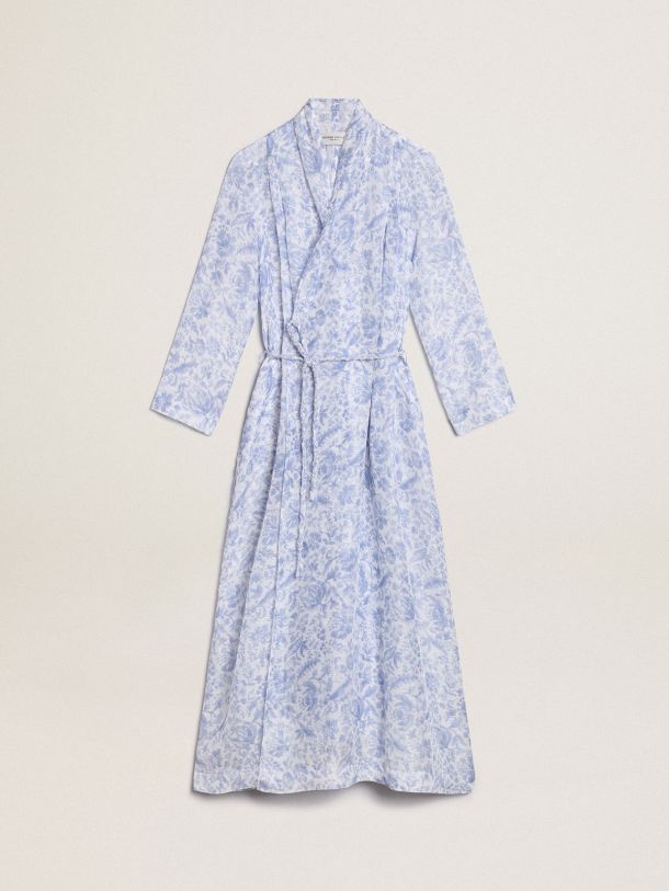 Vestido caftán de la colección Resort en mezcla de lino con estampado azul mediterráneo