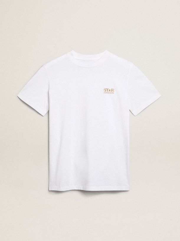 Golden Goose - T-shirt bianca Collezion Star con logo e stella in glitter dorati in 
