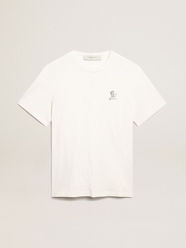 Golden Goose - T-shirt Collezione Resort in lino bianco vintage e fiore stampato in 