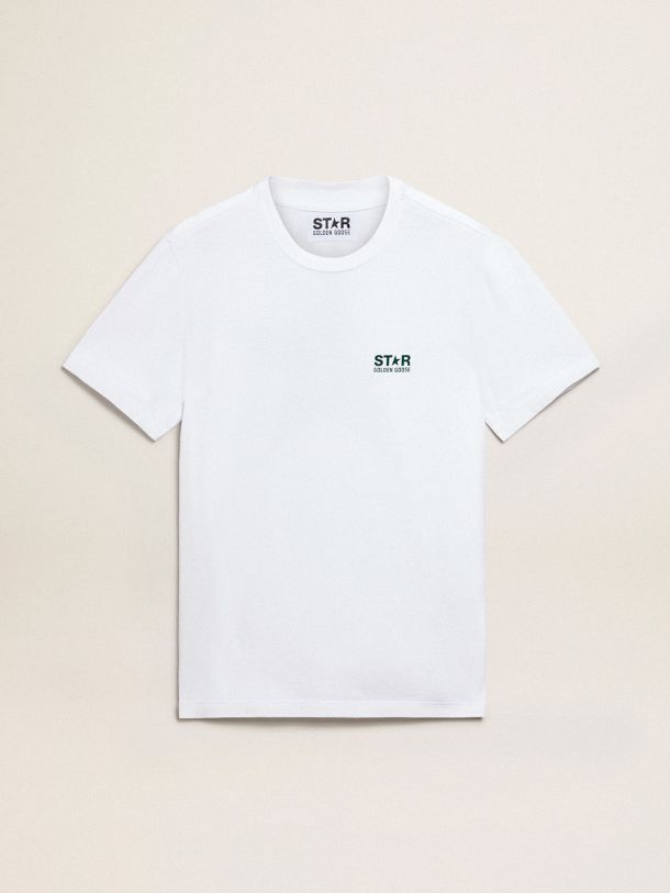 Men's white T-shirt with contrasting green logo and star