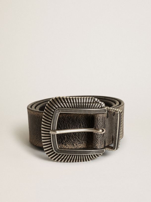 Men's belt in black leather with decorated buckle