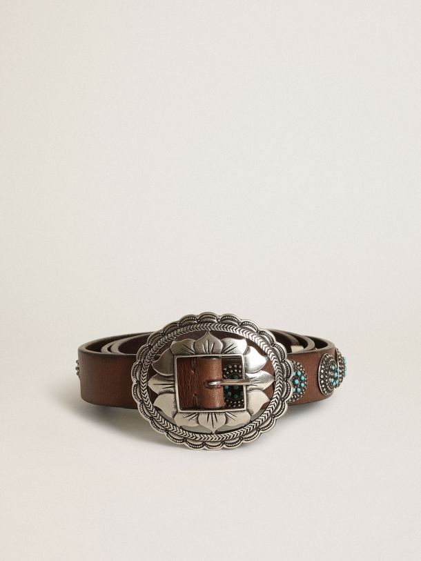 Sunflowers belt in dark brown leather with vintage silver colored studs