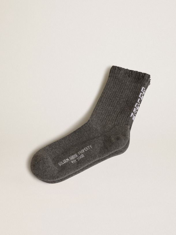 Golden Goose - Anthracite-gray cotton socks with distressed finish and white ‘Golden’ lettering on the back in 