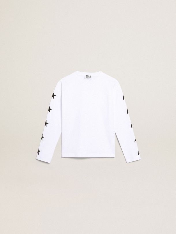 Golden Goose - T-shirt bianca a maniche lunghe Collezione Star con stelle di colore nero a contrasto in 