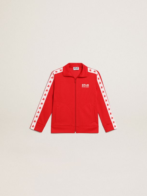 Sweat-shirt zippé rouge avec bande blanche et étoiles rouges