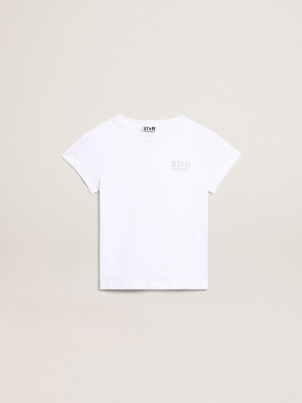 Golden Goose - T-shirt blanc collection Star avec logo et grande étoile à paillettes argentées in 