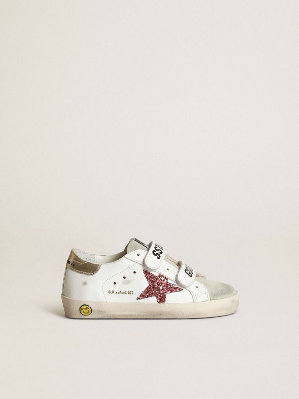Golden Goose - Junior Old School sneakers with pink glitter star and platinum metallic leather heel tab in 