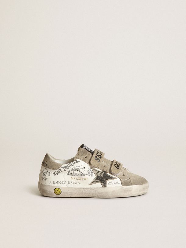 Golden Goose - Sneakers Old School Junior en cuir nappa blanc avec empiècements en daim couleur tourterelle et étoile dépareillée in 