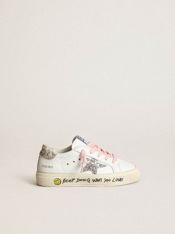 Golden Goose - Junior May sneakers with silver glitter star and leopard-print leather heel tab in 