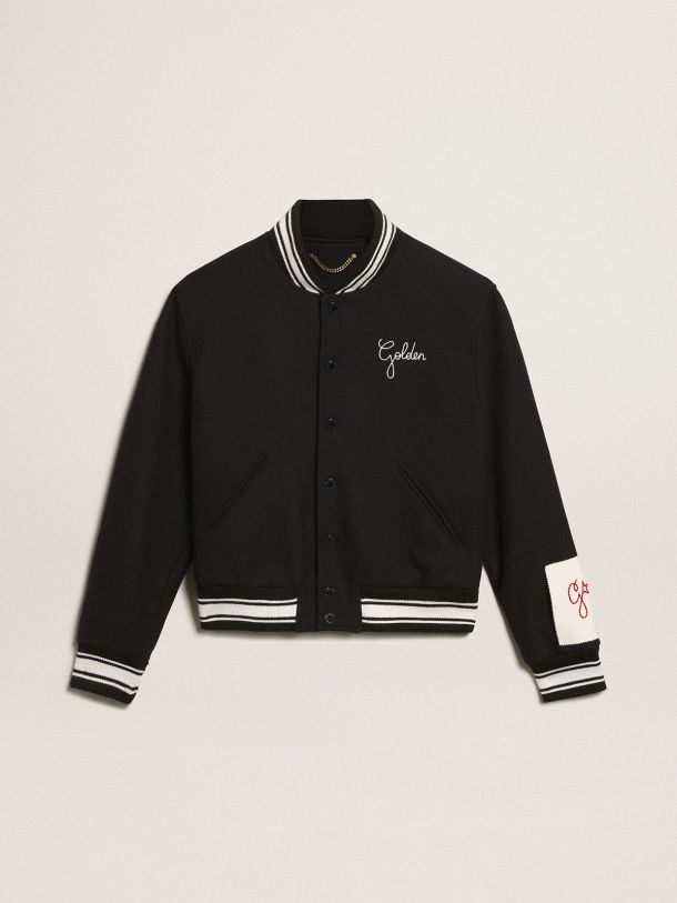 Golden Goose - Golden Collection bomber jacket in dark blue wool with white edging and Golden lettering on the front in 