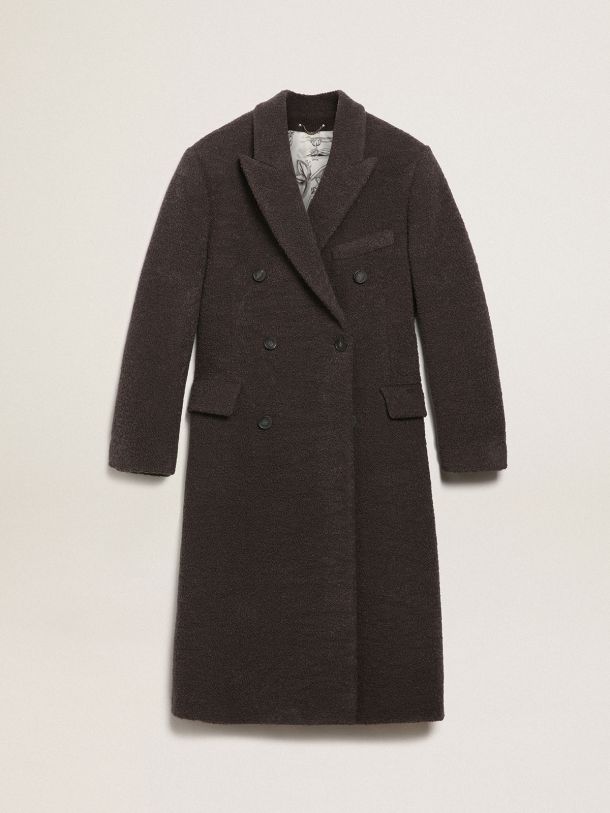 Journey Collection double-breasted coat in licorice-colored bouclé wool