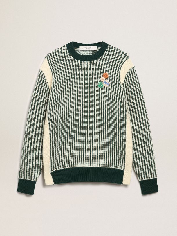 Journey Collection round-neck sweater in two-tone white and green wool