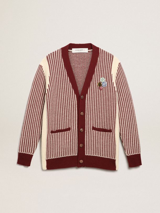 Golden Goose - Journey Collection cardigan in geometric-patterned white and burgundy wool with pins on the front in 