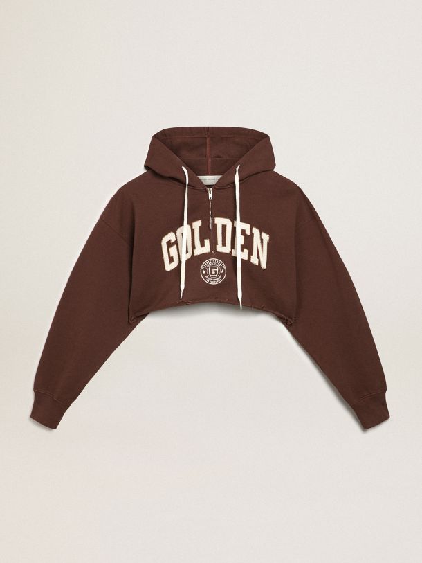Walnut-brown Journey Collection hooded cropped sweatshirt with contrasting white Golden lettering