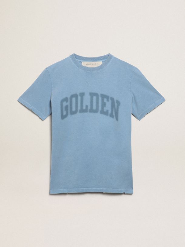 Golden Goose - T-shirt Collezione Journey color blu harbor dall'effetto distressed con scritta Golden ton sur ton in 