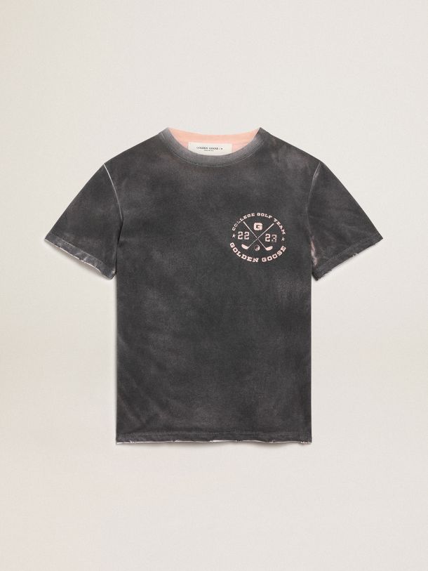 Golden Goose - Aged-look gray Journey Collection T-shirt with contrasting pale pink print on the front and hand-worn areas on the edging in 