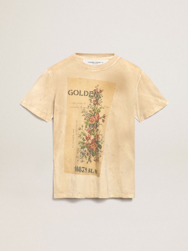 Golden Goose - T-Shirt aus der Journey Collection im Farbton Bone-White in Papier-Optik mit floralem Print auf der Vorderseite in 