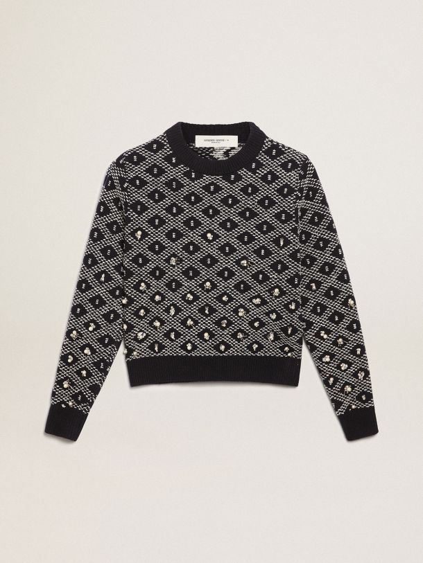Golden Goose - Journey Collection round-neck sweater with a blue and white geometric pattern and the addition of beads, crystals and baguette-shaped crystals in 