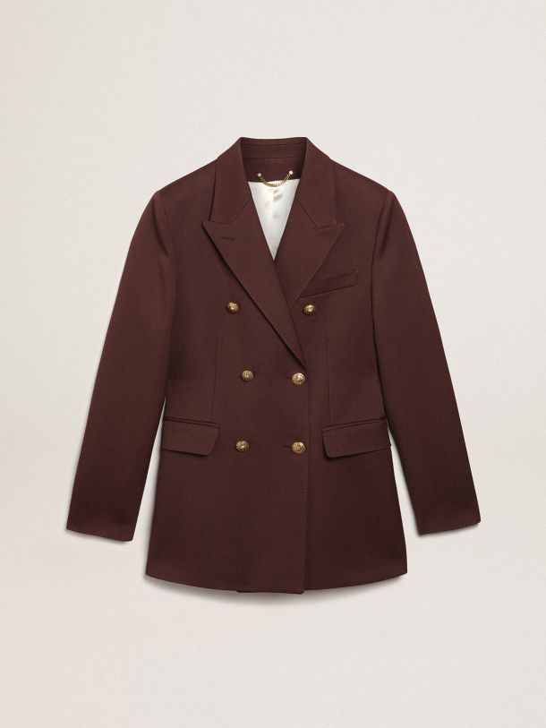 Journey Collection double-breasted blazer in chicory-coffee-colored wool gabardine with gold-colored heraldic buttons