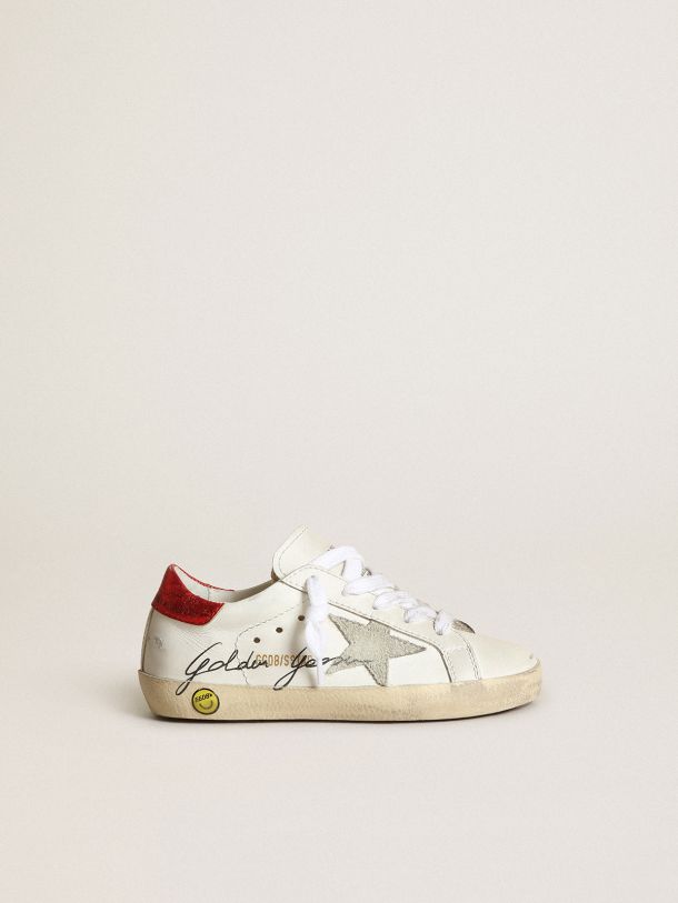 Junior Super-Star sneakers with ice-gray suede star and red metallic leather heel tab