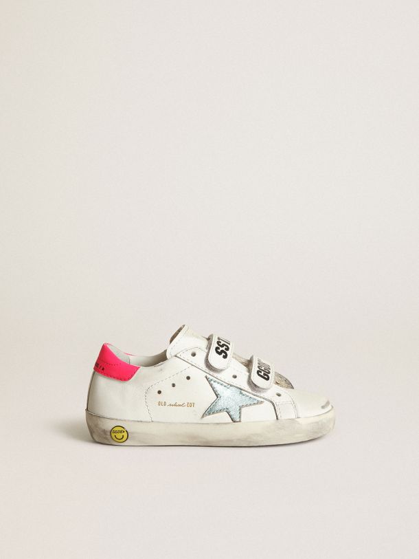 Golden Goose - Junior Old School sneakers with aquamarine metallic leather star and fluorescent pink leather heel tab in 