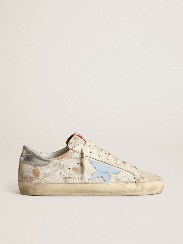 Golden Goose - Men’s Super-Star sneakers with smoky light-blue leather star and silver metallic leather heel tab in 