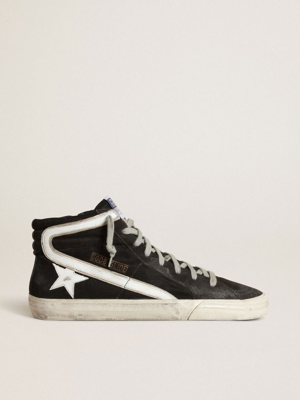 Slide sneakers in navy-blue denim with white leather star and flash