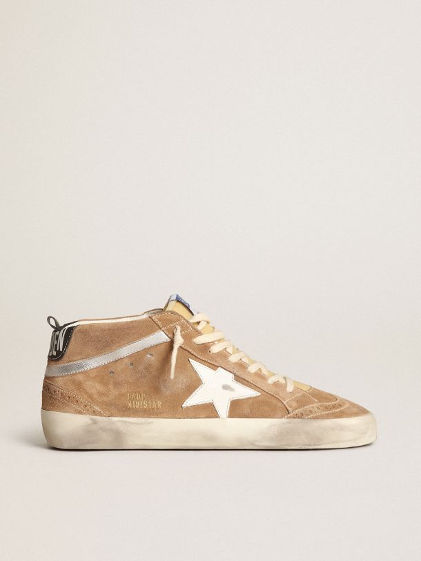 Sneakers Mid Star en daim couleur tabac avec étoile en cuir blanc et virgule en cuir lamé argenté
