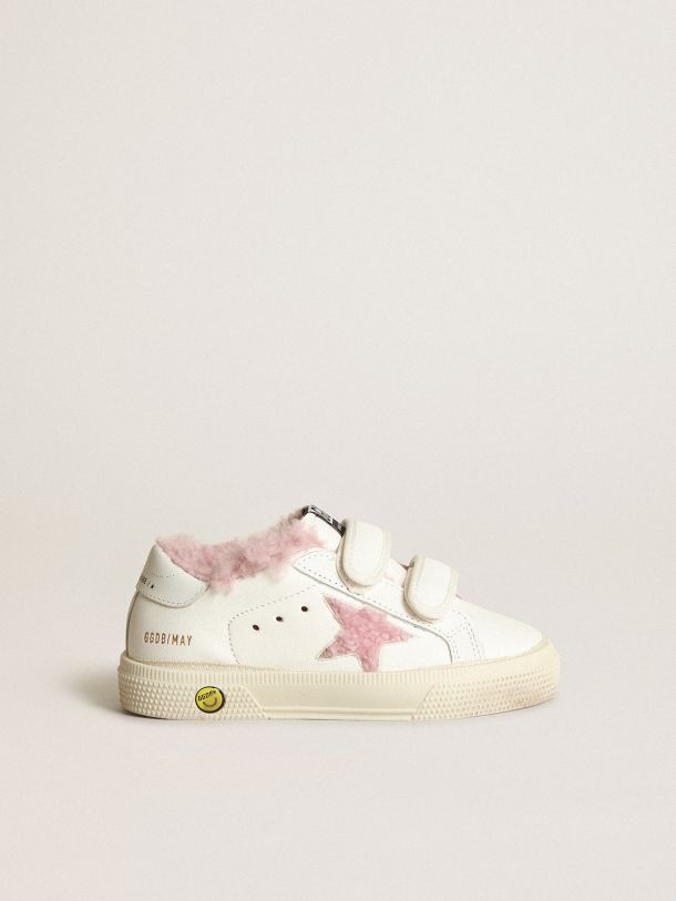 Golden Goose - Young May School sneakers in white nappa leather with pink shearling star and lining in 